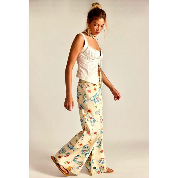 Free People Eden Printed High Slouchy Flare Jeans Playful Brunch 29 - Picture 4 of 6